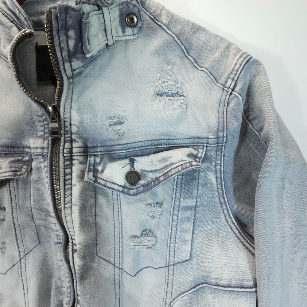 Smoke Rise Denim Jacket Mens Medium Blue Streetwear Y2K Distressed Moto Zip Up - Picture 3 of 11